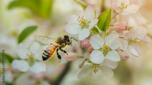 Honeybee pollinating delicate white blossoms in springtime garden photo