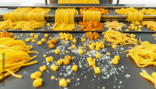 Pasta producing process, various types of pasta on conveyor belt isolated highlighted by white, png photo