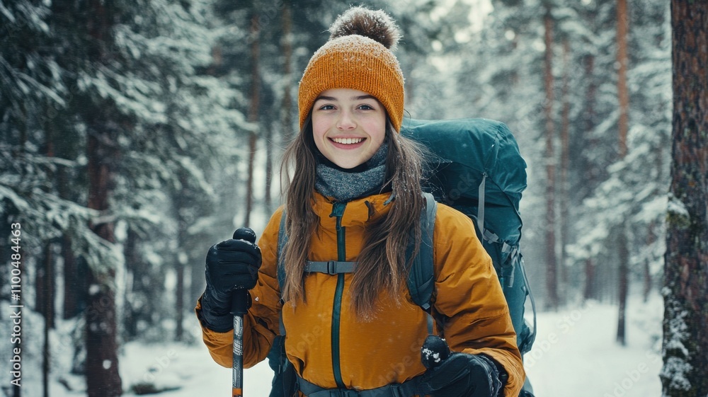 Fototapeta premium Hiker teenager woman smiling and hiking in snowy winter forest