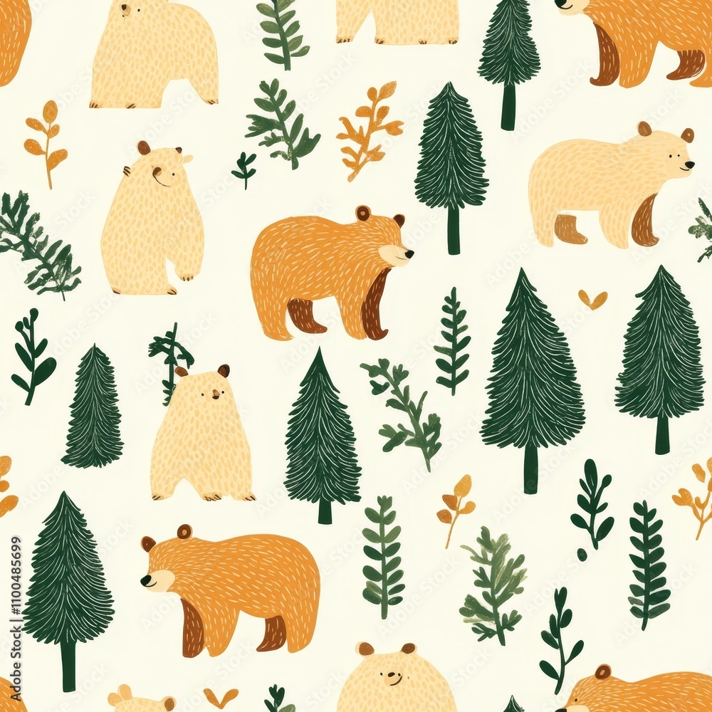 Obraz premium Adorable Bear Forest Pattern