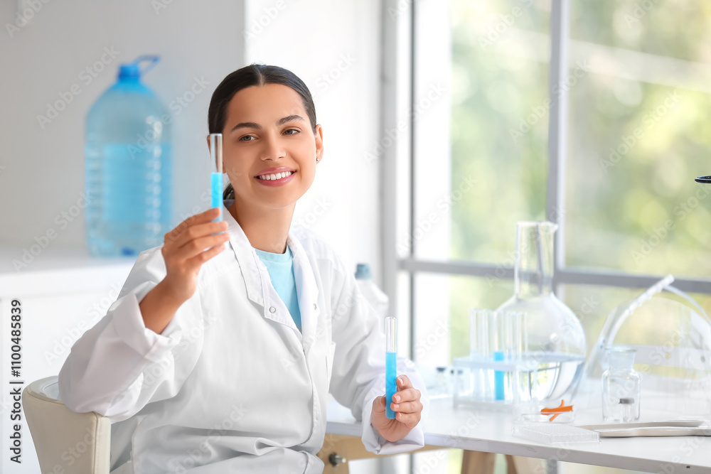 Fototapeta premium Happy female young scientist with test tubes of water samples in research laboratory