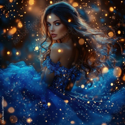 Wallpaper Mural a 20-year-old woman wear dressed as a fantasy in a pompous bright blue dress with her long dark brown hair lifted through the air with a fantasy background with fantasy lights. Torontodigital.ca