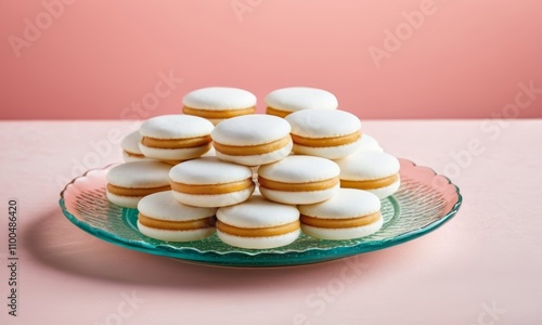 Alfajores, delightful and elegant, showcasing creamy layers on a decorative plate with pastel colors photo