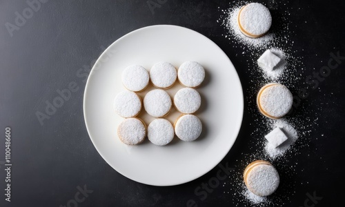 Alfajores on a white plate, inviting and sweet, showcasing delicious treats against a dark backdrop with copy space.