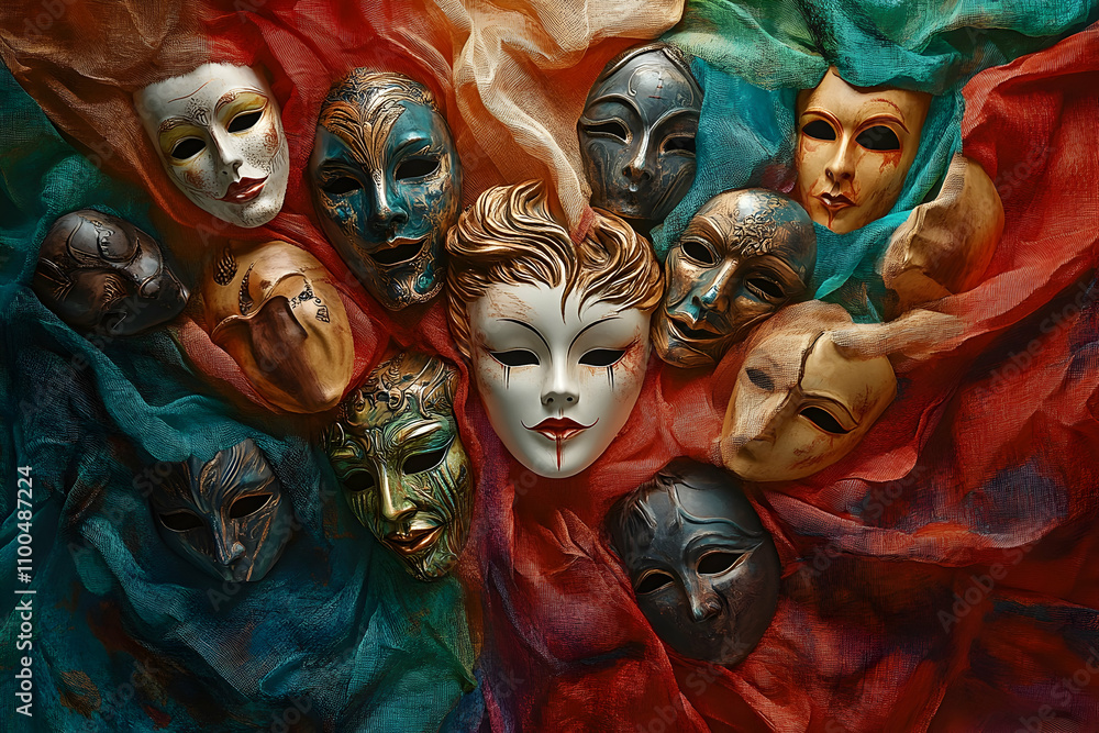 Obraz premium A vibrant array of decorative masks is accented by opulent, flowing fabrics, creating festivity