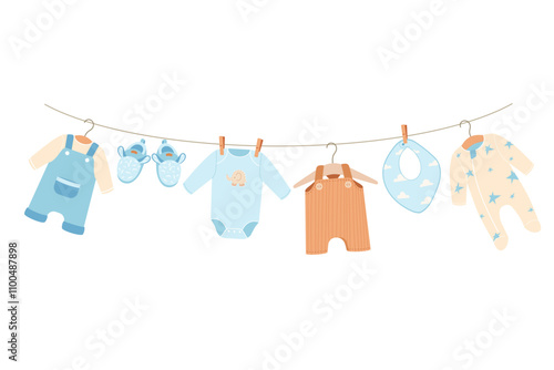 Cute vector illustration of blue baby boy clothes hanging on pegs, perfect for baby shower party theme. Ideal for invitations, decorations, and greeting cards. Soft, charming and playful design