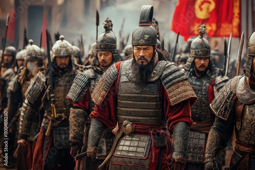 A Chinese emperor dressed in ornate robes commands a group of soldiers wearing traditional armor against a backdrop of ancient Chinese architecture. Generative AI