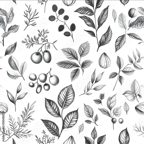 Create a pattern in black and white featuring simple delicate pencil drawings of natural elements The pattern should include smallsized drawings of leaves flowers and photo