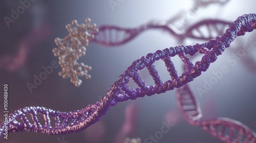 3d render dna helix. Molecular structure. Gene expression. Complementary dna strand. Genetic code illustration. Central dogma process. Isolated bio tech illustration. Detailed 3d render. Scientific