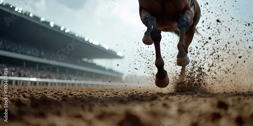 A thrilling view from the racetrack shows a racehorse charging forward, its powerful hooves kicking up dust as it races to victory.