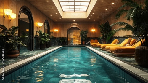 Wallpaper Mural Luxurious indoor swimming pool with mustard-yellow lounge chairs, surrounded by lush tropical plants and elegant lighting.  A tranquil and sophisticated atmosphere. Torontodigital.ca