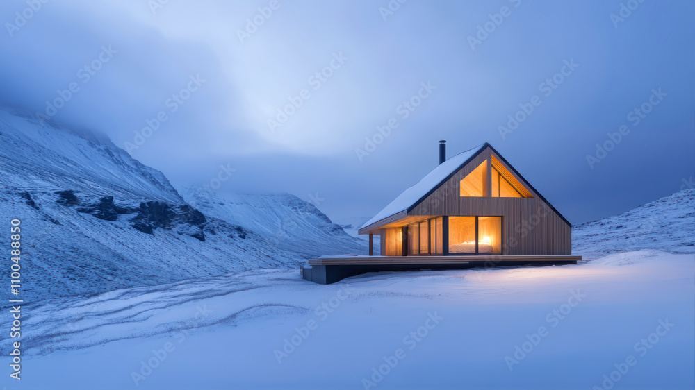 Majestic Cabin Glowing Warmly in the Serene Snowy Mountains During Twilight Majestic Cabin Glowing Warmly in the Serene Snowy Mountains During Twilight
