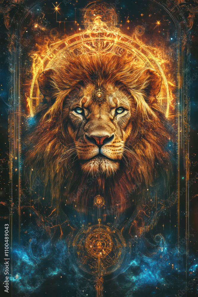 Majestic Lion Adorned With Cosmic Elements Embodies the Essence of the Leo Zodiac Sign in a Vibrant Celestial Landscape Majestic Lion Adorned With Cosmic Elements Embodies the Essence of the Leo Zodiac Sign in a Vibrant Celestial Landscape