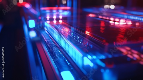 An up-close shot of a gel electrophoresis system, employed to separate and analyze DNA, revealing visible DNA fragment bands under UV light.