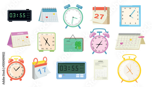 Set of clocks and calendars, alarm clocks in cartoon style. Vector illustration of various flip, tear-off calendars, wall clocks, alarm clocks isolated on white background. Determining time, planning.