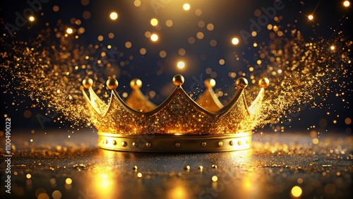 Golden Crown with Glittering Bokeh, 3D Render, Luxury, Royalty, Achievement, Success