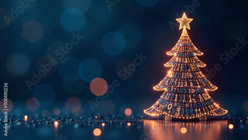 Glowing Christmas tree in futuristic design. High-tech digital design on blurred blue background with bokeh combining technology and holiday themes