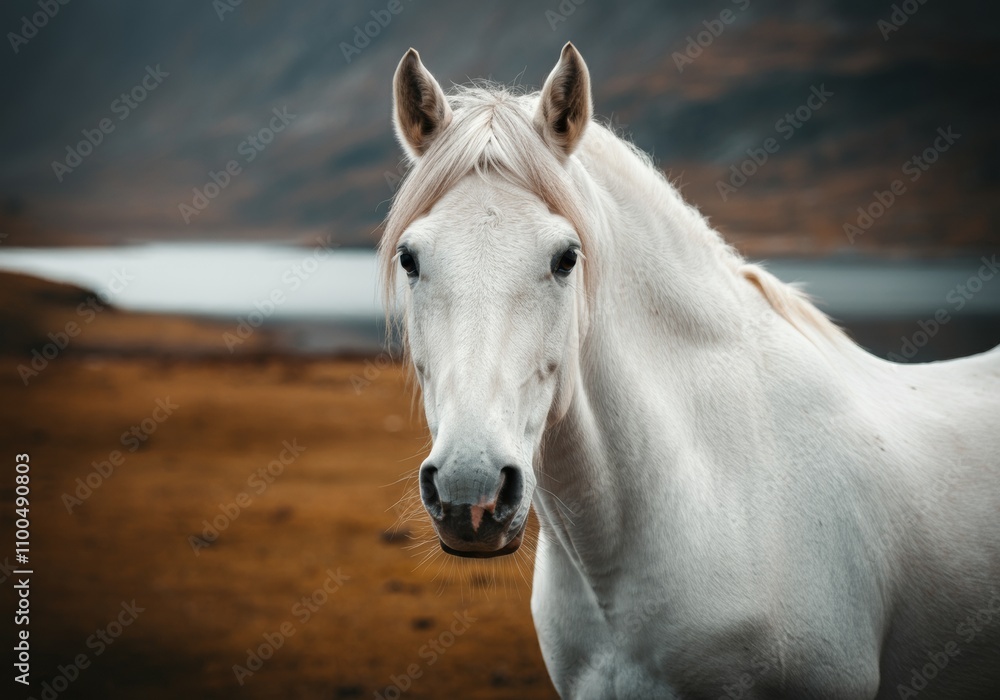 Obraz premium A serene white horse stands gracefully in a tranquil field, surrounded by rolling hills and soft natural light.