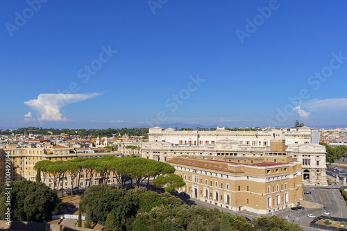 Photography View from Castel Sant Angelo to a surrounding Park with huge pine trees in Rome