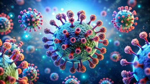 Wallpaper Mural Microscopic View of a Virus Particle - 3D Rendering of a Colorful Virus, virus, 3d model, microbiology, medicine Torontodigital.ca