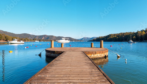 Idyllic wooden dock extending into a calm bay with moored boats and clear blue skies
