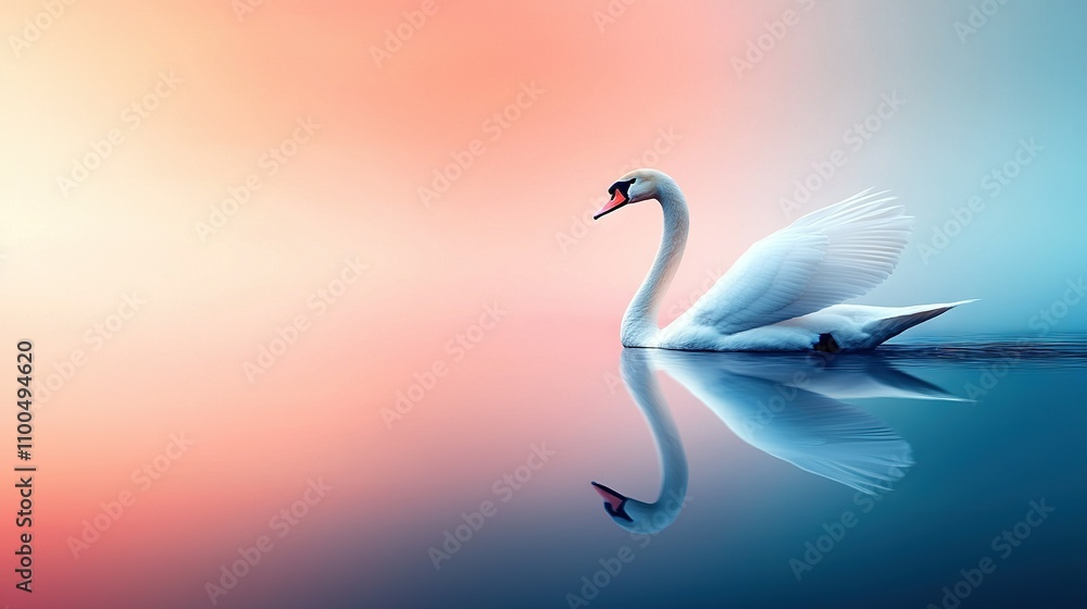 Fototapeta premium A white swan floats on a lake with red and blue reflections in the water