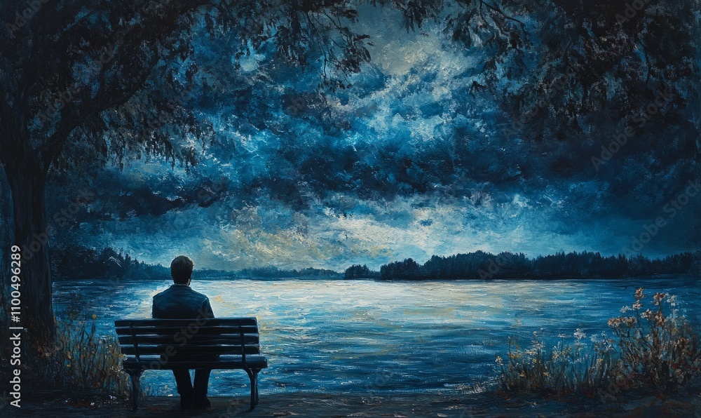 A man sits alone on a bench, looking at the stormy sky over the water A man sits alone on a bench, looking at the stormy sky over the water
