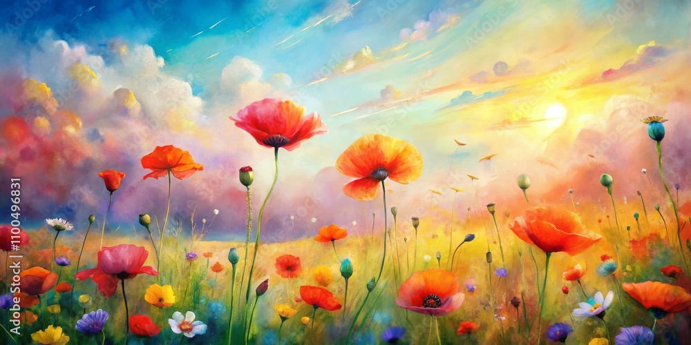 Obraz premium Poppy Field Sunset, oil painting, flowers, sunset, nature, landscape , poppy
