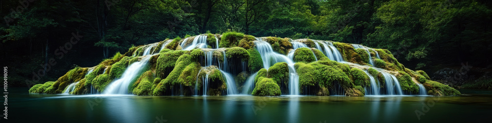 Obraz premium Lush green moss-covered rocks with cascading waterfalls in a forest setting. Concept of nature's beauty and tranquility. For nature photography and relaxation content.