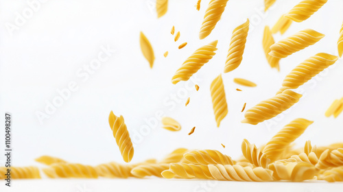 Raw Italian pasta falling gently, isolated on a white background, highlighting its texture and shape in a simple, clean composition.