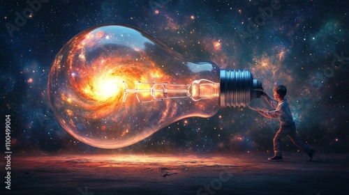 In a digital art style illustration painting, a boy pulled a sizable bulb that was half-buried in the ground, against a night sky adorned with stars and space dust.