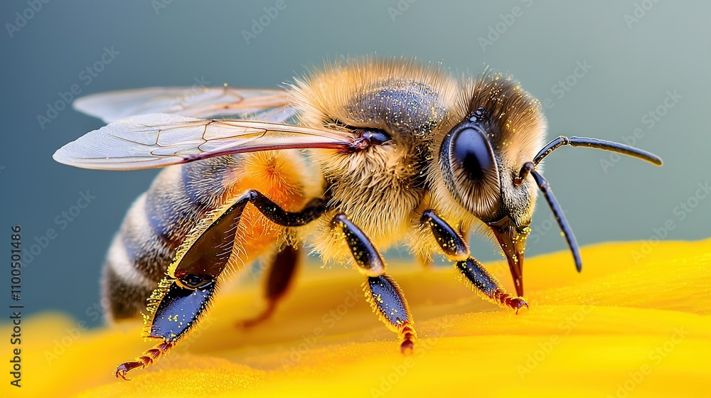 A close-up of a bee on a yellow flower with a blue sky in the background A close-up of a bee on a yellow flower with a blue sky in the background