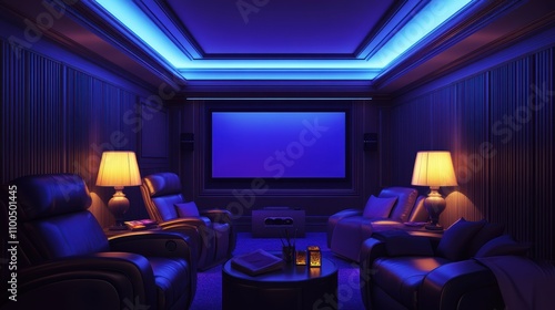 Modern home theater featuring blue lights, cozy leather armchairs, elegant table lamps, and an immersive big movie screen. photo