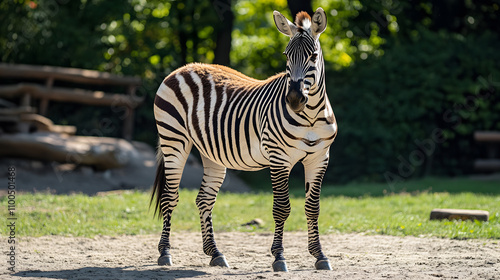 Zebra standing in sunlight with a natural backdrop.