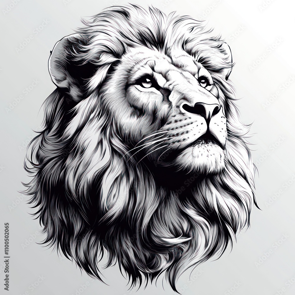 Obraz premium A detailed black and white illustration of a lion's head, showcasing its majestic features.