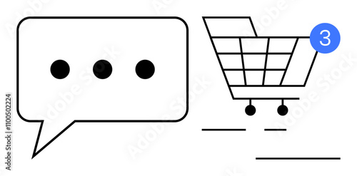 Chat bubble with three dots next to a shopping cart, indicating three notifications. Ideal for e-commerce, customer support, online shopping, notifications, digital marketing, communication, user