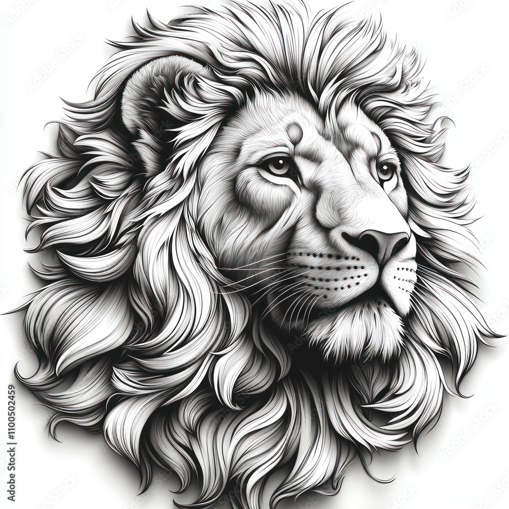 Obraz premium A detailed black and white illustration of a lion's head, showcasing its majestic mane.