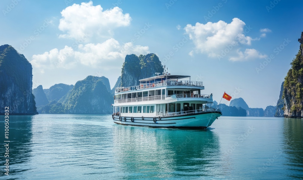 A cruise boat sails through the crystal-clear waters of Ha Long Bay, Vietnam, with towering limestone cliffs in the background A cruise boat sails through the crystal-clear waters of Ha Long Bay, Vietnam, with towering limestone cliffs in the background
