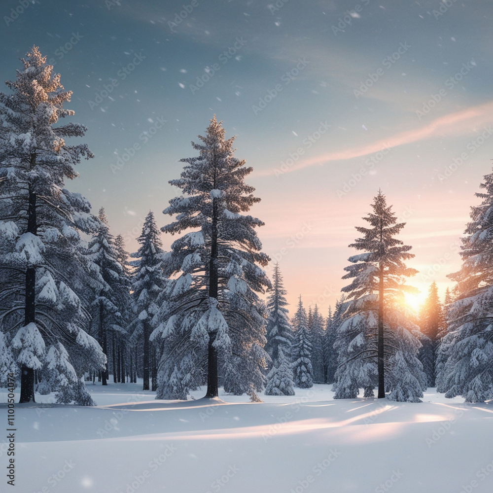 Fototapeta premium A serene winter wonderland with snow-covered trees, a misty forest, diffused warm light, icy blue hues, and gently falling snowflakes, evoking tranquility Generated With AI Image.