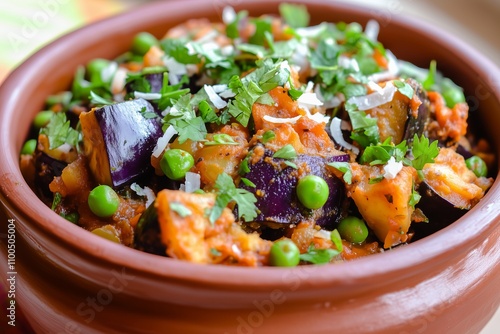 National Undhiyu Day, traditional Gujarati Undhiyu served in a clay pot, showcasing a colorful mix of vegetables like purple yam, green peas, eggplant, and methi muthia, January 14 photo