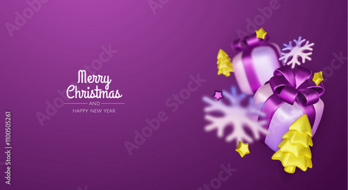 Happy New Year and Merry Christmas. Christmas holiday background with realistic 3d objects, violet and white bauble balls, conical metal stars, gift. Levitation falling design composition.