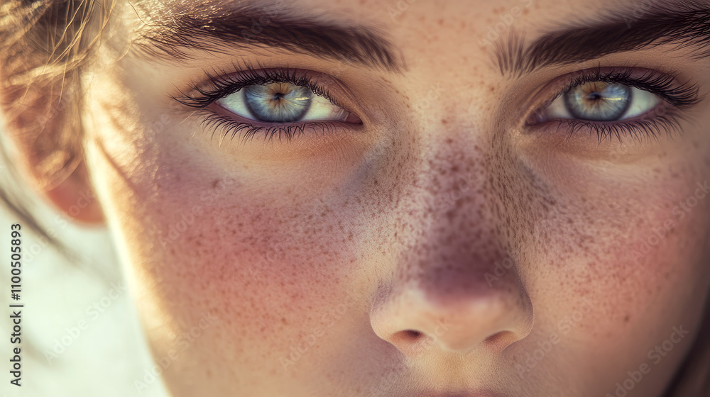 Obraz premium Close-up of young caucasian female with freckles and blue eyes