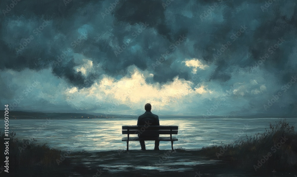 Obraz premium A man sits alone on a bench, looking at the stormy sky over the water