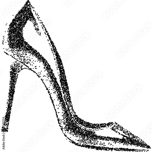 High-heeled shoe with halftone stipple effect for grunge punk y2k collage design. Vintage photocopy style vector illustration. Grainy textured element in noisy gradation dotwork