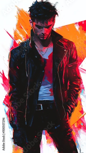 Stylish Young Man in a Dramatic Leather Jacket Against a Vibrant Backdrop During a Creative Arts Event