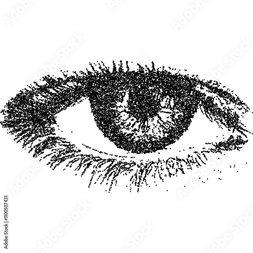 Eye with halftone stipple effect for grunge punk y2k collage design. Vintage photocopy style vector illustration. Grainy textured element in noisy gradation dotwork