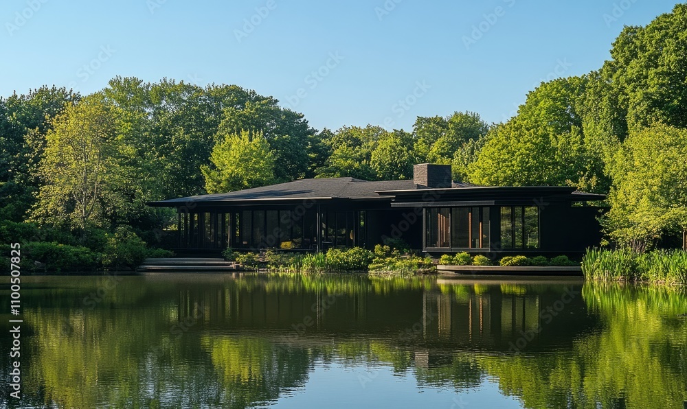 Fototapeta premium A modern black house stands gracefully by a serene lake, surrounded by lush green trees and a clear blue sky