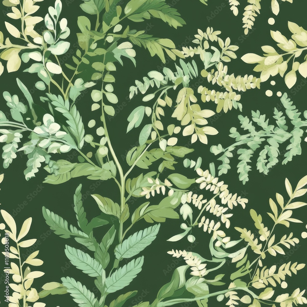 Fototapeta premium Dark Green Botanical Pattern with Delicate Leaves