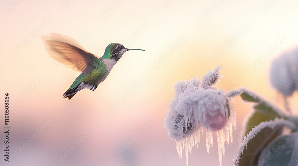 Fototapeta premium A hummingbird flies beside a flower with icicles on its wings, against a pink sky backdrop