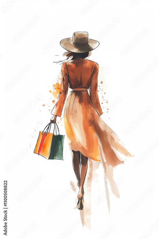 Obraz premium Fashion sketching of female shoppers shopping with shopping bag.